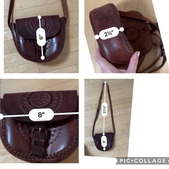 Handmade Vintage Tooled And Woven Leather Crossbody Bag in Deep Rich Brown - Picture 11 of 13